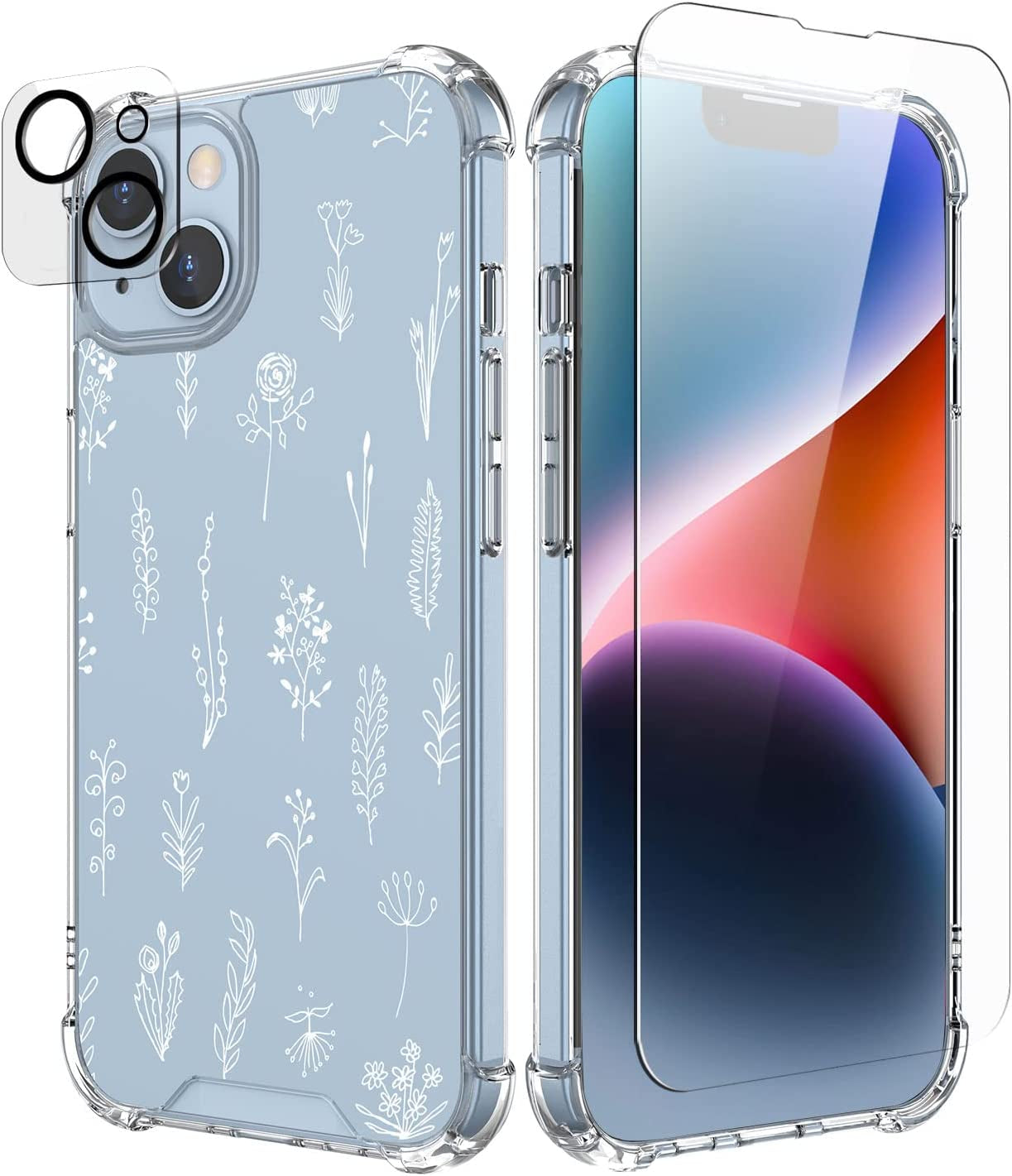 Cutebe [3 in 1 Crystal Phone Case for Iphone 13(2021)/Iphone 14(2022) 6.1", Cute Protective Cover with 9H Temper Glass Screen Protector + HD Temper Camera Lens Protector for Women, Girls  Cutebe iPhone 13/14-White Wildflowers iPhone 13/14 Case 6.1 Inch 