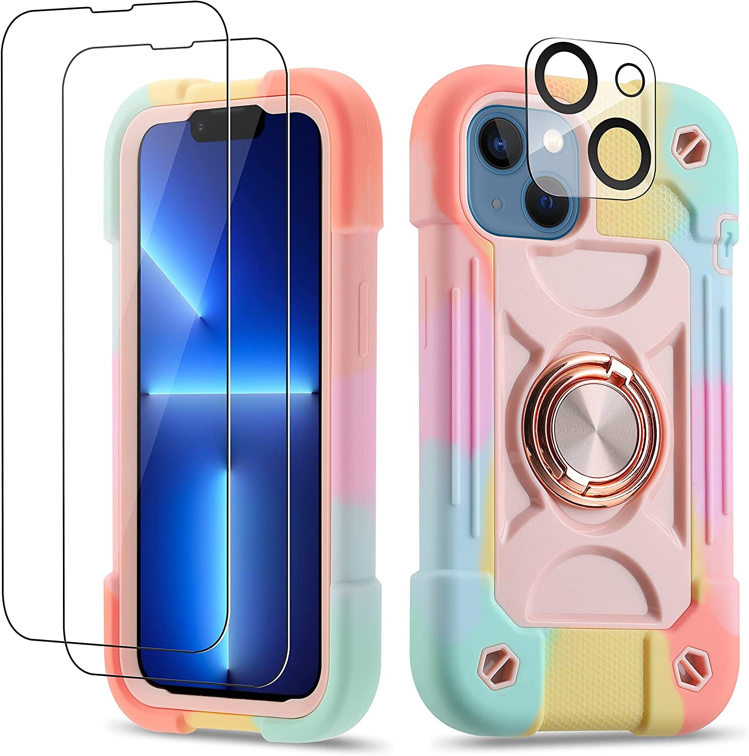 Cookiver for Iphone 14 Case/Iphone 13 Case Inch with Ring Stand, with 2 Pack Glass Screen Protector + 1 Pack Camera Lens Protector,Heavy-Duty Shockproof Military Grade Rugged Cover (Guava)  Cookiver Rainbow Pink  
