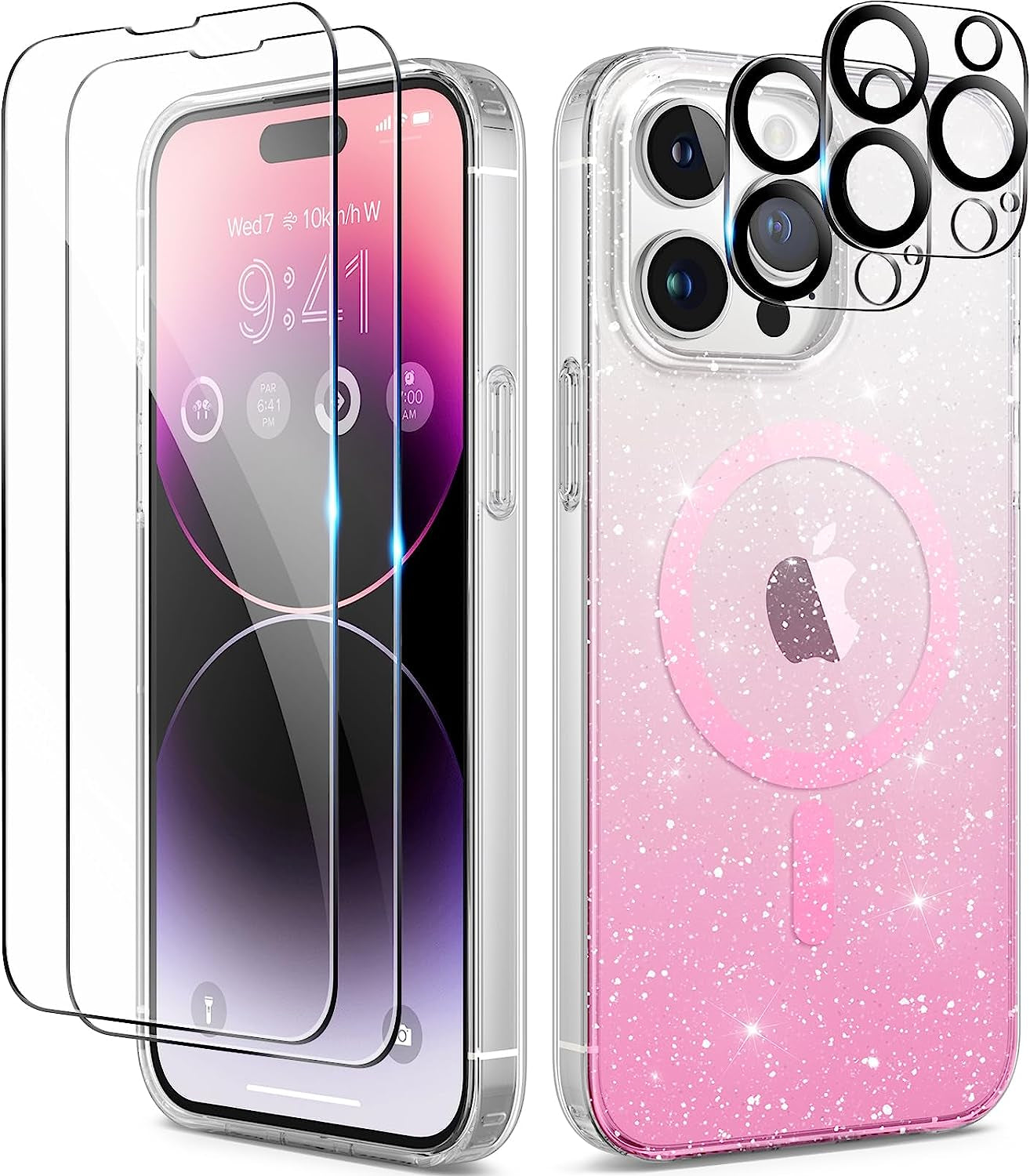 BERFY Glitter Case for Iphone 14 Pro Max, with 2Pcs Screen Protector+2Pcs Camera Protector, [Non-Yellowing] Clear Bling Sparkle Cute Shockproof Phone Case for Women, 6.7 Inch Cover, Glitter Clear  BERFY Gradient Pink Iphone 14 Pro Max 6.7 Inch 
