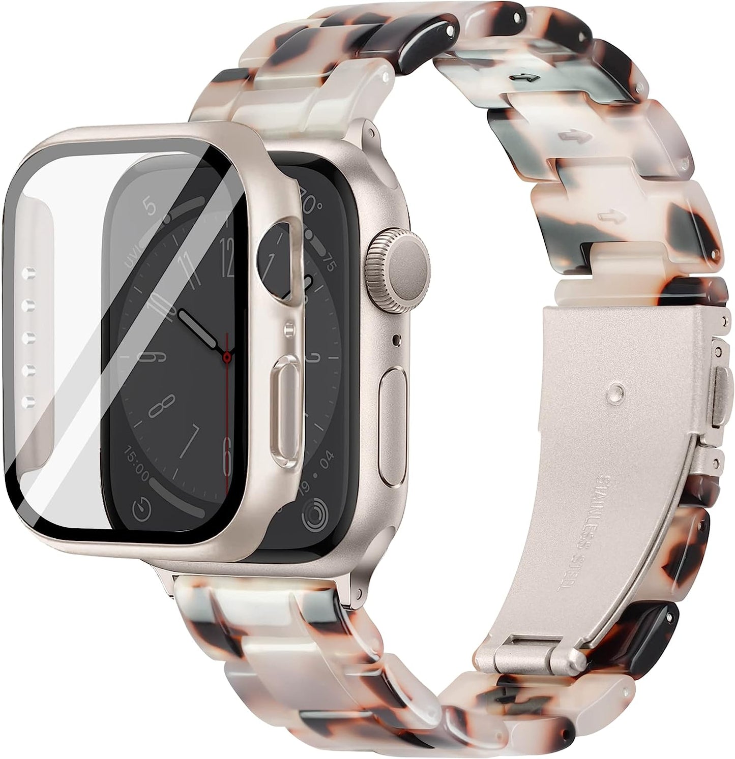 Vamyzji Compatible with Apple Watch Band 41Mm 40Mm 38Mm or 49Mm 45Mm 44Mm 42Mm, Light Waterproof Easy Adjustable Resin Replacement Iwatch Band for Apple Watch Ultra Series 8 Series 7 6 SE 5 4 3 2 1  Vamyzji With Case Tortoise Flower for Starlight with 45mm case for series 8 series 7 