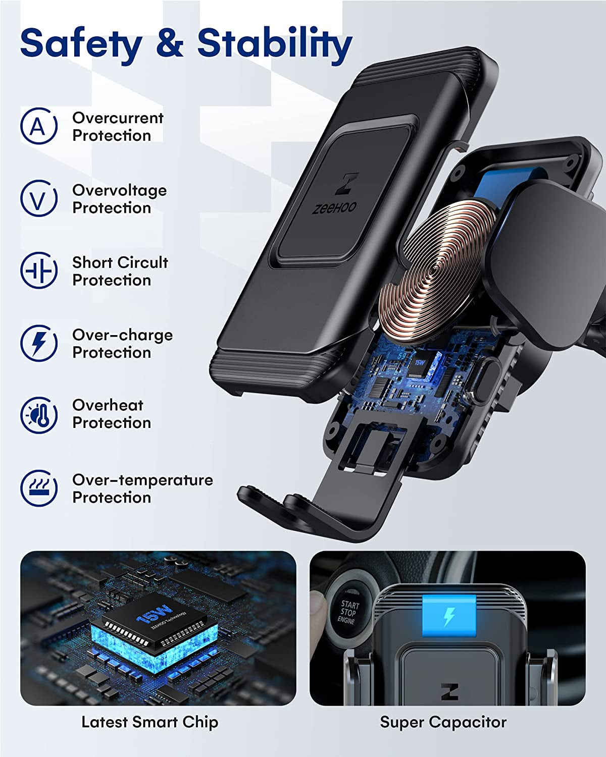 Zeehoo Wireless Car Charger,15 W Fast Charging Auto-Clamping Car Mount,Windshield Dash Air Vent Phone Holder for Iphone 14 13 12 Mini 11 Pro Max XS XR 8,Samsung S22 S21 S20 Note 20 10 9 8  ZEEHOO   