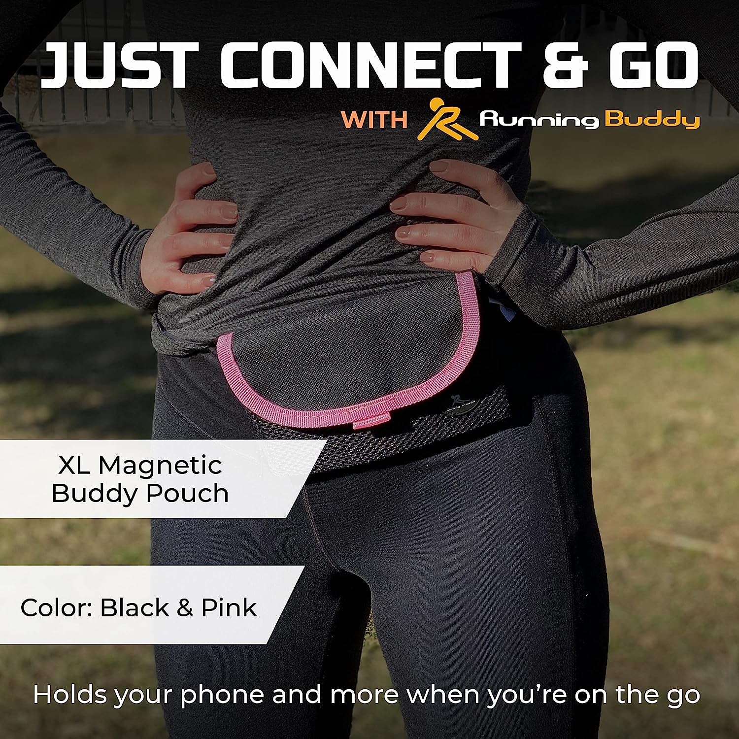 Running Buddy Magnetic Buddy Pouch, Beltess, Chafe and Bounce Free, Runners Fanny Pack, Phone Holder, Great for Running, Walking, Traveling & More, for Men & Women - 6-3/4” L X 4” W - Black and Pink  Runner's High   