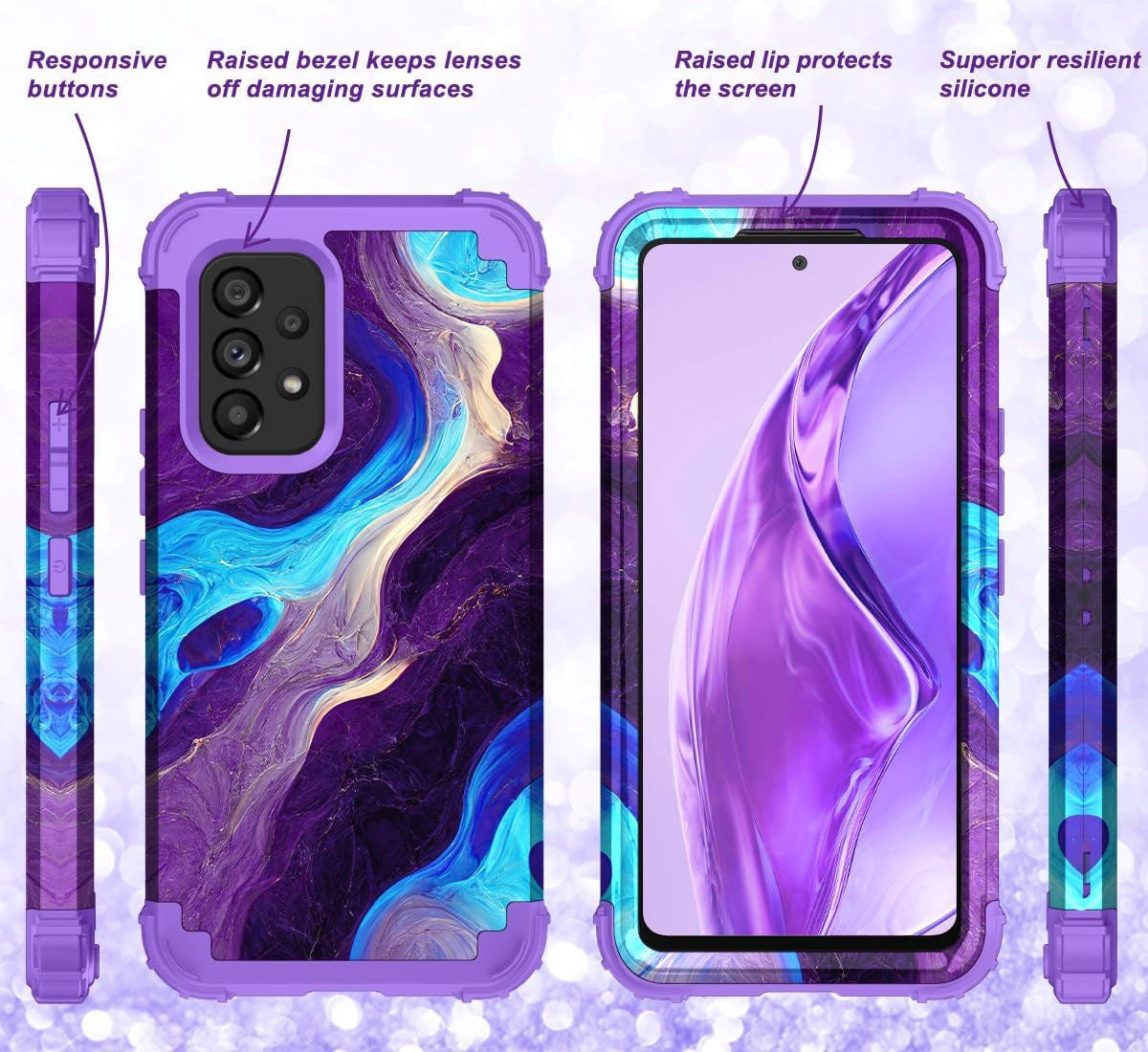 Hocase for Galaxy A53 5G Case, Heavy Duty Shockproof Protection Soft Silicone Rubber Bumper+Hard Plastic Hybrid Protective Case for Samsung Galaxy A53 5G (6.5" Display) 2022 - Blue Purple Marble  Hocase   
