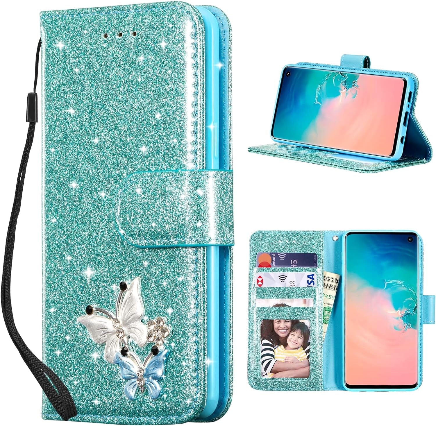 UEEBAI Wallet Case for Samsung Galaxy A53 5G, Premium Glitter PU Leather Phone Case Card Slots Kickstand Case Magnetic Closure Bling Handbag Case Shockproof Hand Strap Flip Cover - Glitter Purple  UEEBAI Mint Green Samsung Galaxy S10 