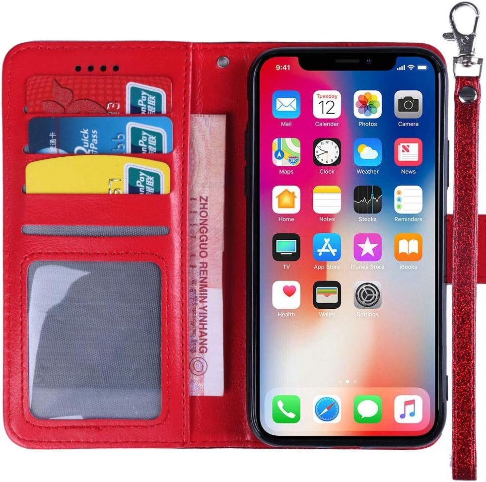 Asuwish Compatible with LG G7 Thinq Glitter Wallet Case and Tempered Glass Screen Protector Holder Slot Stand Phone Cases for LGG7 One G 7 plus LG7 Fit Lg7Thinq 7G Thin Q G7+ G7Thinq Lgg7Thinq Red  Asuwish   
