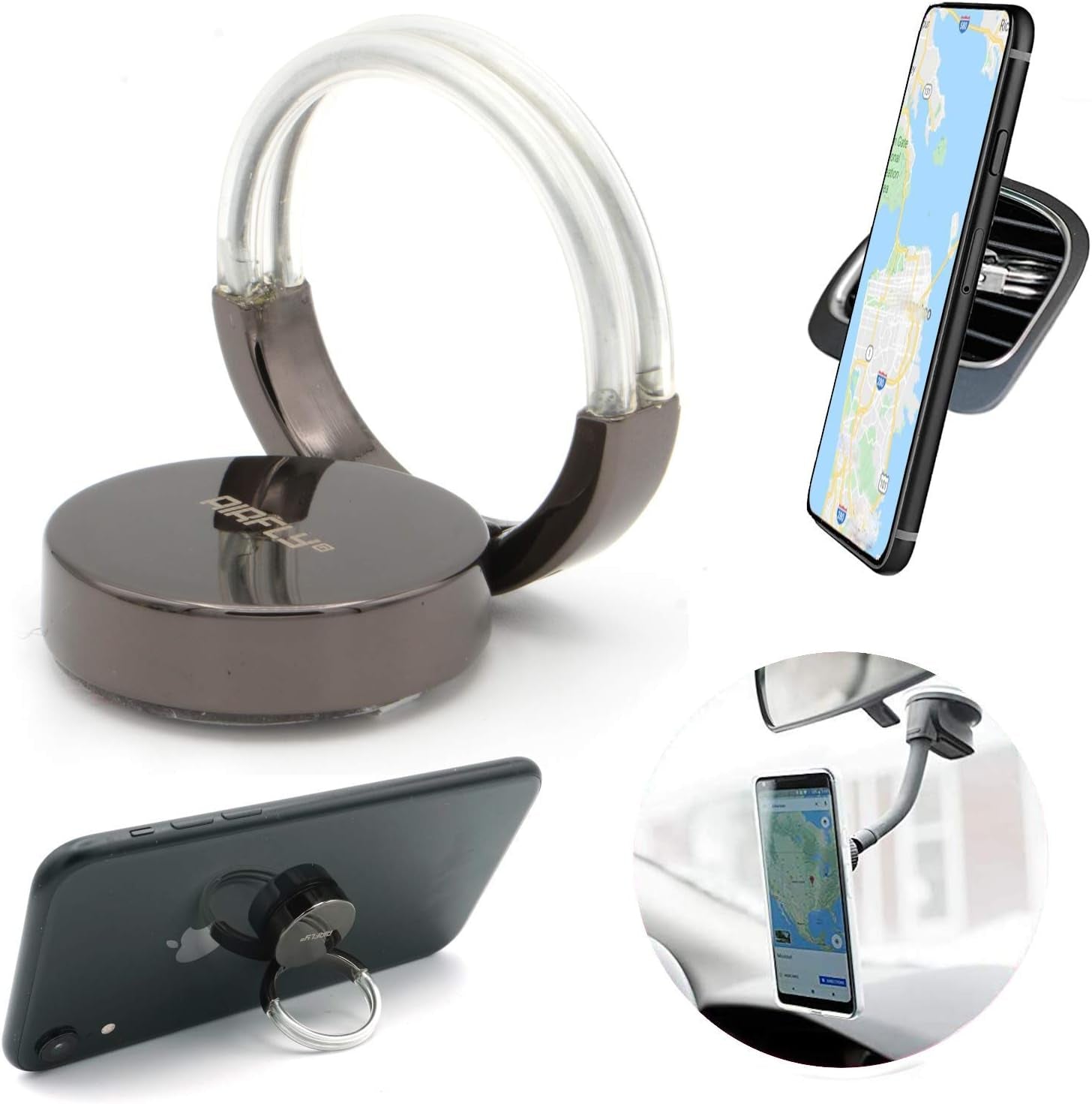 Airfly Phone Finger Ring Holder, 4 in 1, Universal Metal Phone Ring, Table Stand Kickstand, Car Vent Mount, Finger Grip Compatible All Smartphones, Black  AirFly SF Black Ring  