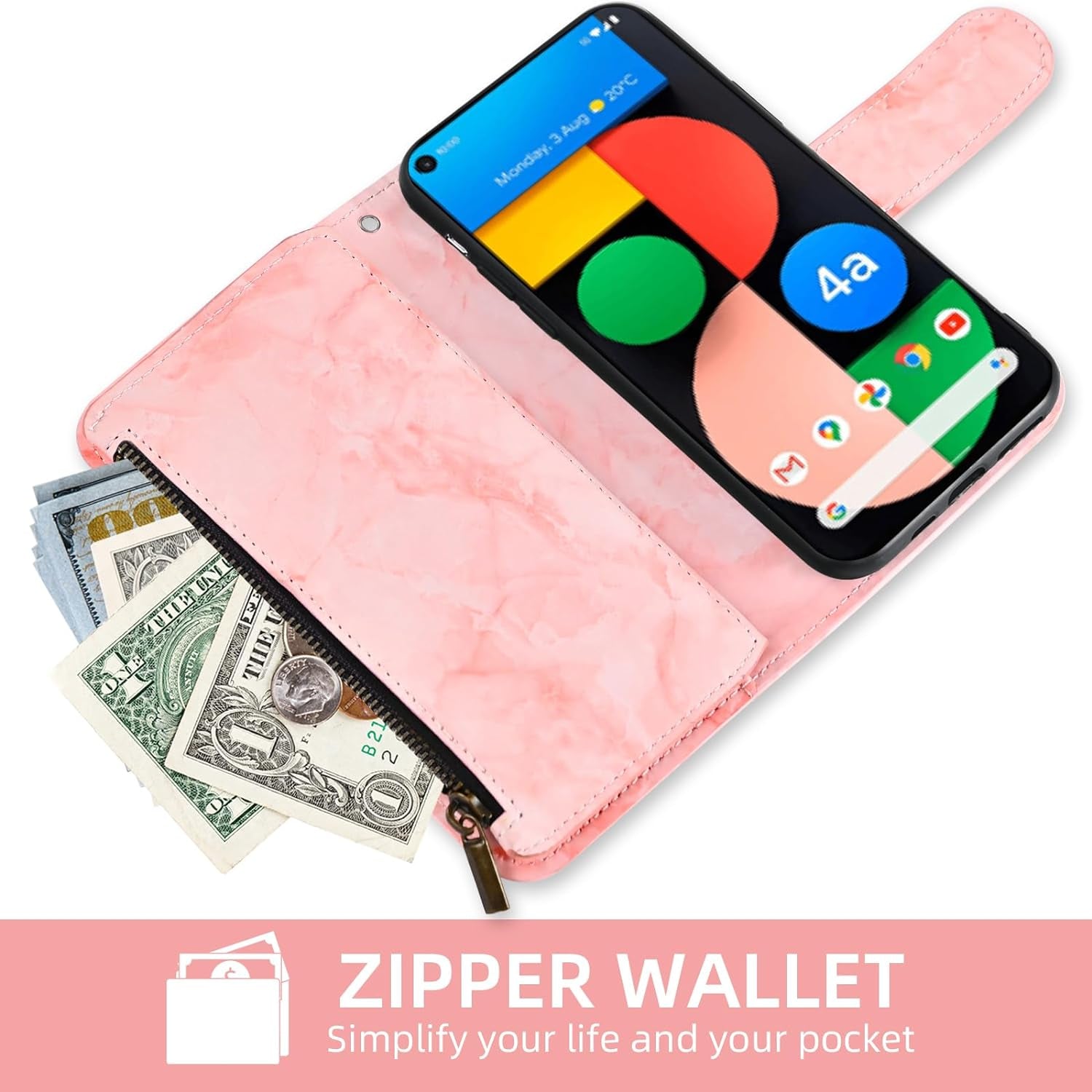 Asuwish Phone Case for Google Pixel 4A 5G 6.2 Wallet Cell Cover with Tempered Glass Screen Protector and Marble Leather Flip Credit Card Holder Slot Stand Pixel4A5G UW Pixel4A 5G Pixle A4 G5 4A5G Pink  Asuwish   