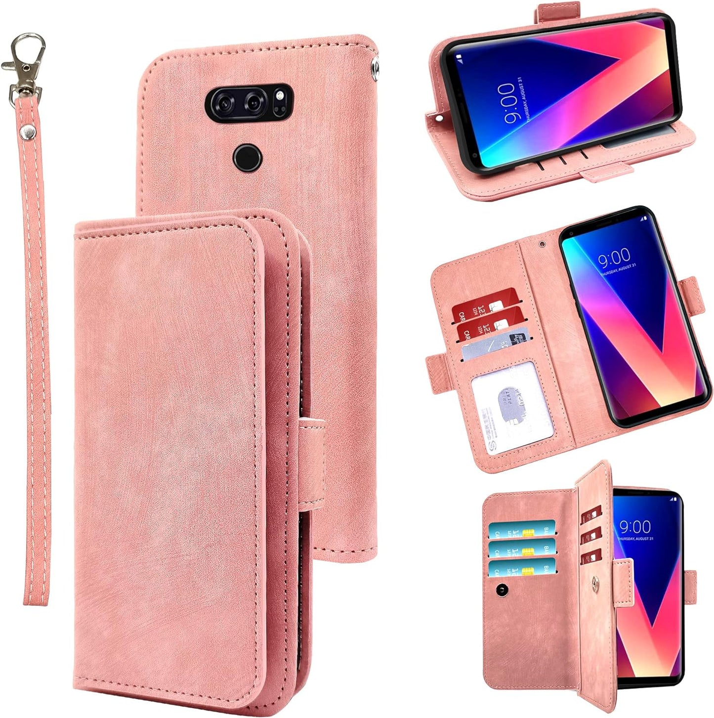 Furiet Compatible with LG V35 Thinq V30 plus Wallet Case Wrist Strap Lanyard Leather Flip Card Holder Stand Cell Accessories Phone Cover for LGV30 LGV35 LG30 LG35 V 30 35 V30+ V30S H931 Men Black  Furiet Pink  