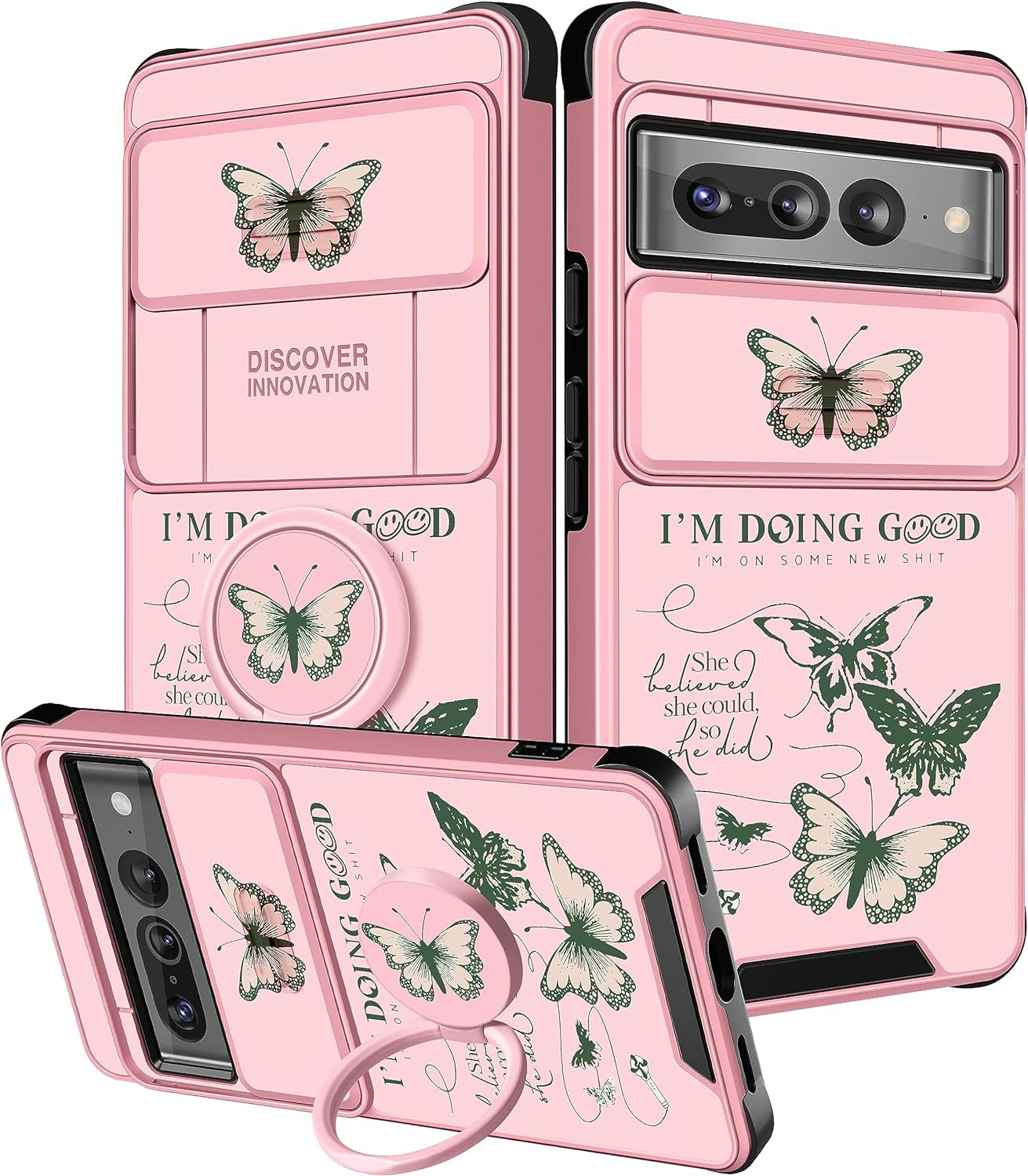 Funermei (2In1 for Google Pixel 7 Pro Case for Women Cute Butterfly Girls Phone Cover Girly Kawaii Aesthetic Butterfly Design with Camera Cover and Ring Stand Funda for Google Pixel Pro 7 Case  Funermei 1-For Pixel 7 Pro-Green Butterfly  