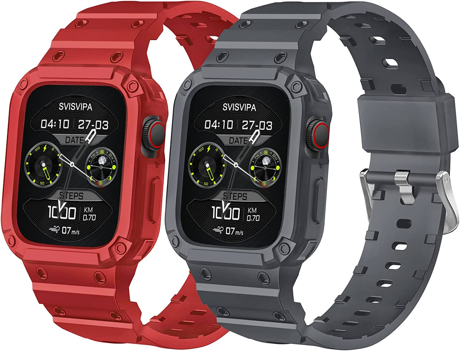 [2 Pack] SVISVIPA Band with Case Compatible for Apple Watch 45Mm 44Mm 42Mm Iwatch Series 8 7 SE 6 5 4 3 2 1 Strap, Men Women Sport Strap with Bumper Rugged Shockproof Military Protective, 2 Pack (Black，Army Green）  SVISVIPA Blue Gray/Red 42mm/44mm/45mm 