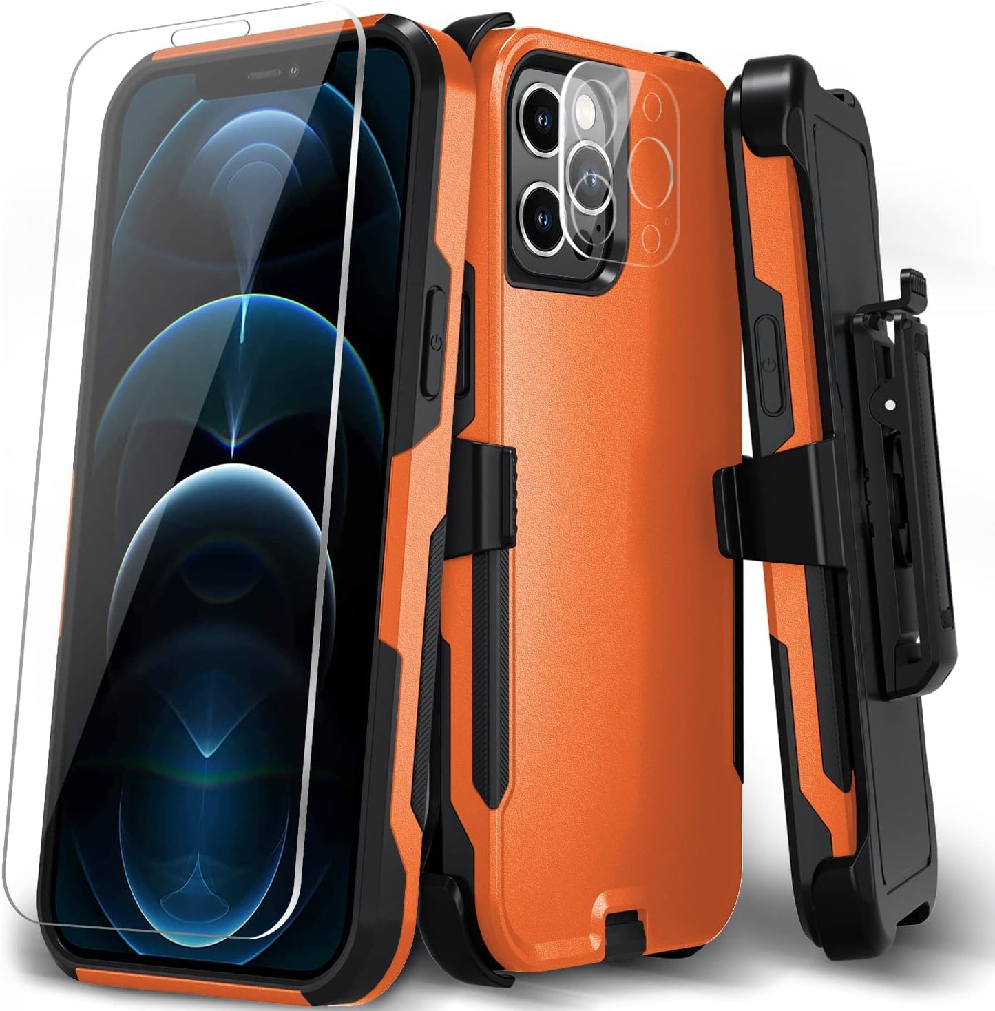 Xmon for Iphone 12 Pro Max Phone Case, [Shockproof] [Belt Clip Kickstand] [Tempered Glass Screen Protector with Camera Lens Protector] Heavy Duty Cover for Iphone 12 Pro Max 6.7 Inch (Blue)  Xmon Orange/Black  