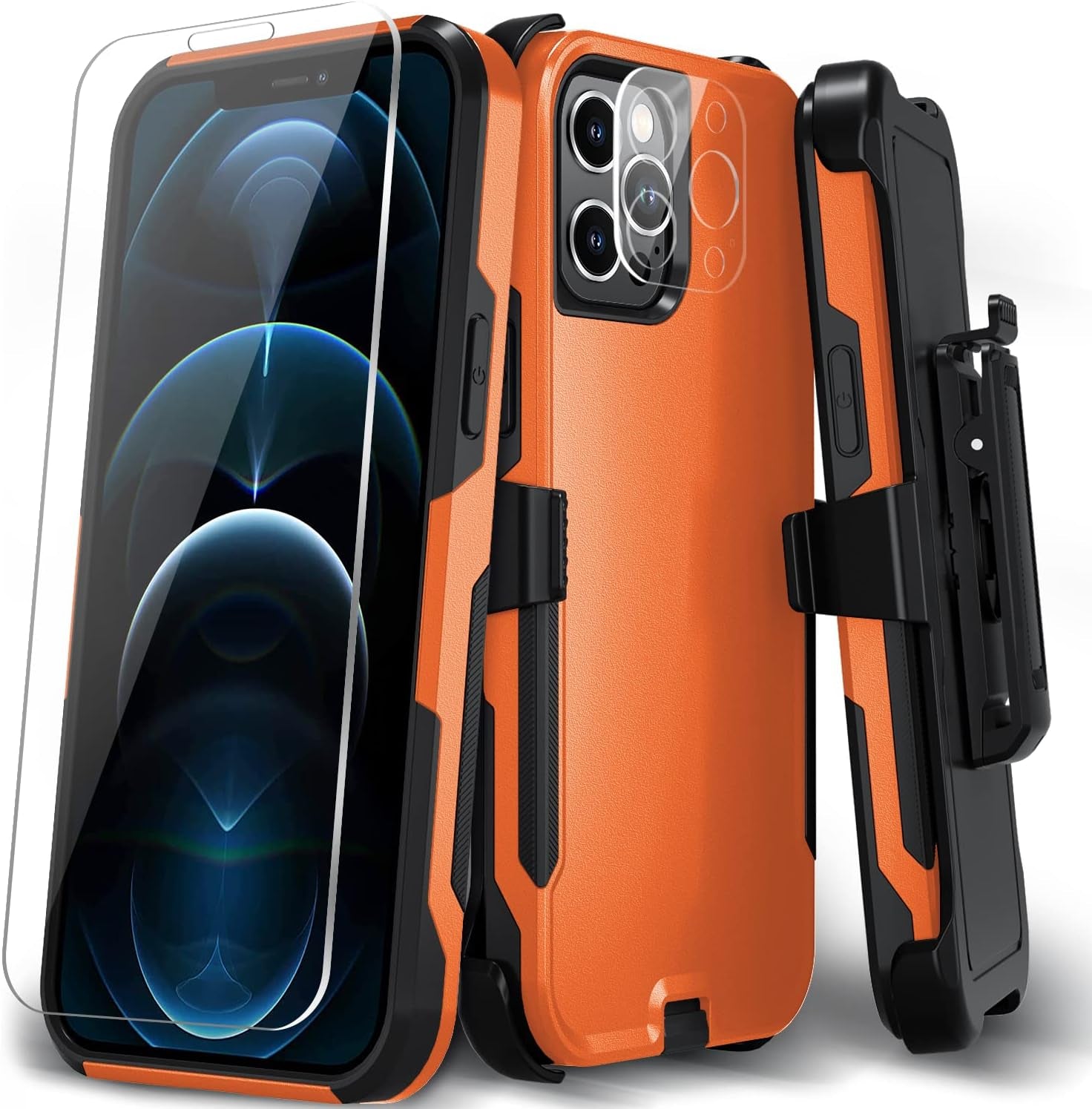 Xmon for Iphone 12 Pro Max Phone Case, [Shockproof] [Belt Clip Kickstand] [Tempered Glass Screen Protector with Camera Lens Protector] Heavy Duty Cover for Iphone 12 Pro Max 6.7 Inch (Blue)  Xmon Orange/Black  