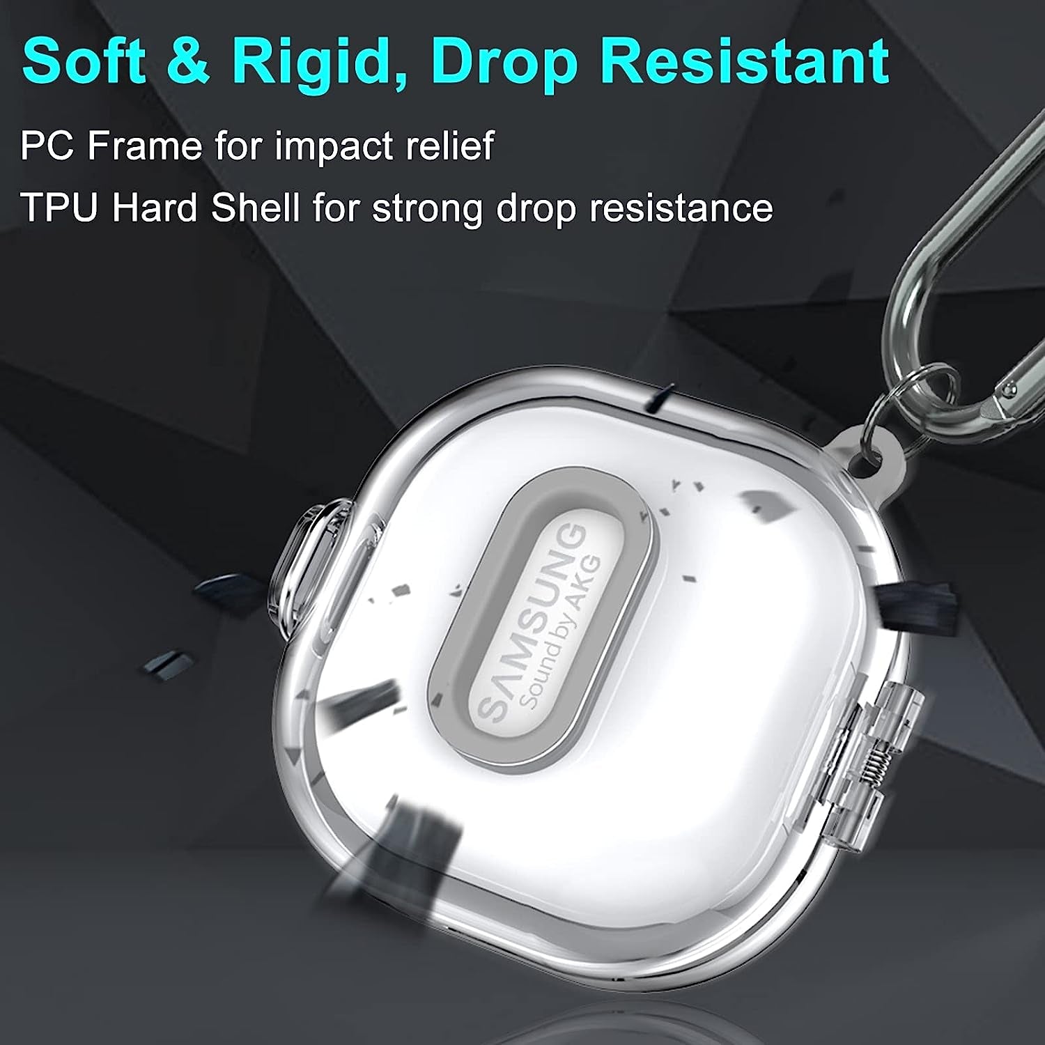 [Upgrade Lock] Case for Samsung Galaxy Buds 2 Pro/Galaxy Buds 2/Galaxy Buds Pro/Galaxy Buds Live, Shock-Absorbing Protective Armor Cover TPU Hard Shell with Carabiner & Lanyard,Clear  VAEKNVG   
