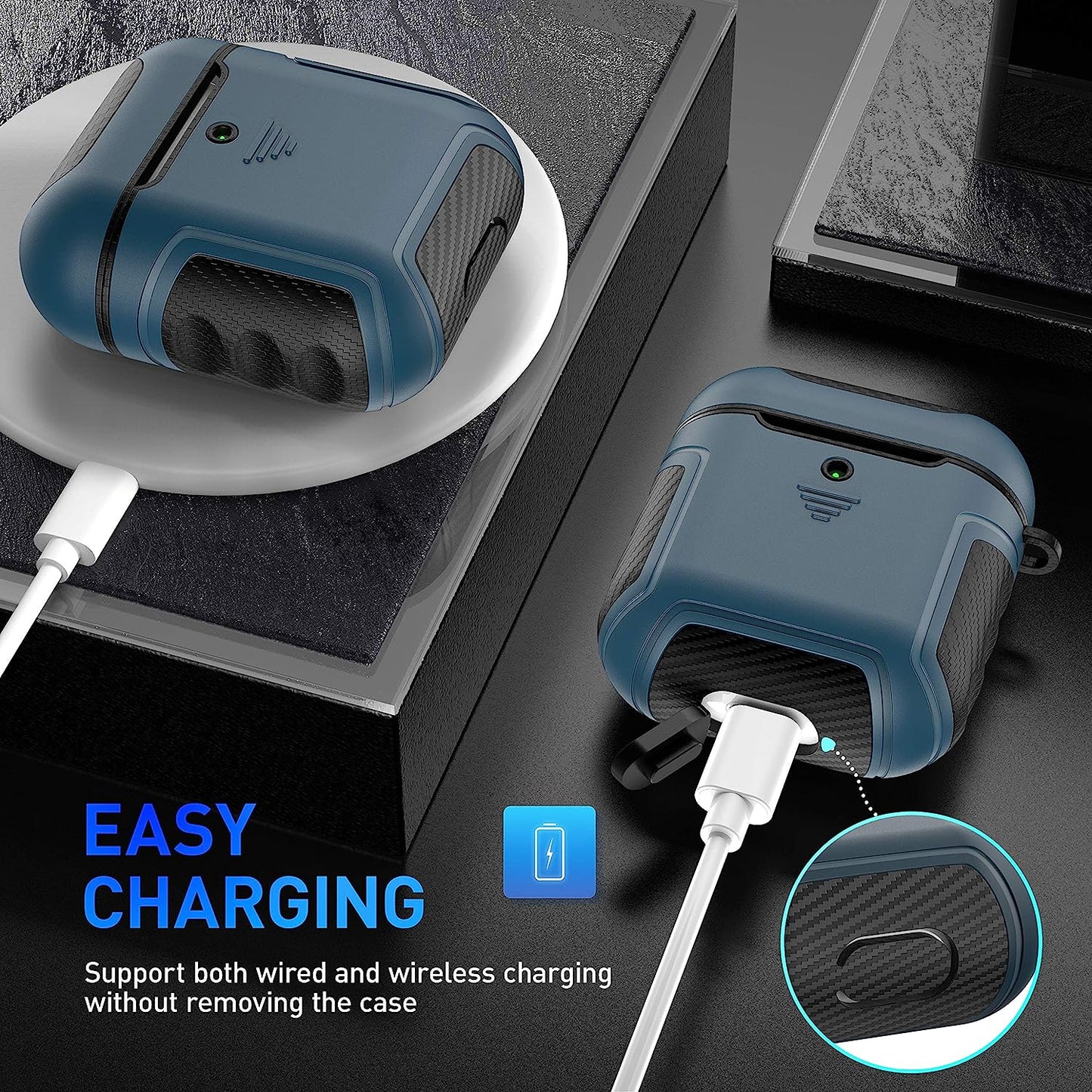 Designed for Airpods Cover Case,Oretech Designed for Airpods 1&Airpods 2 Cover Heavy Duty Hybrid 2 in 1 Protective Hard PC Soft TPU Carbon Fiber Case with Carabiner for Airpods 1&2 Cover- Aqua Blue  ORETECH   