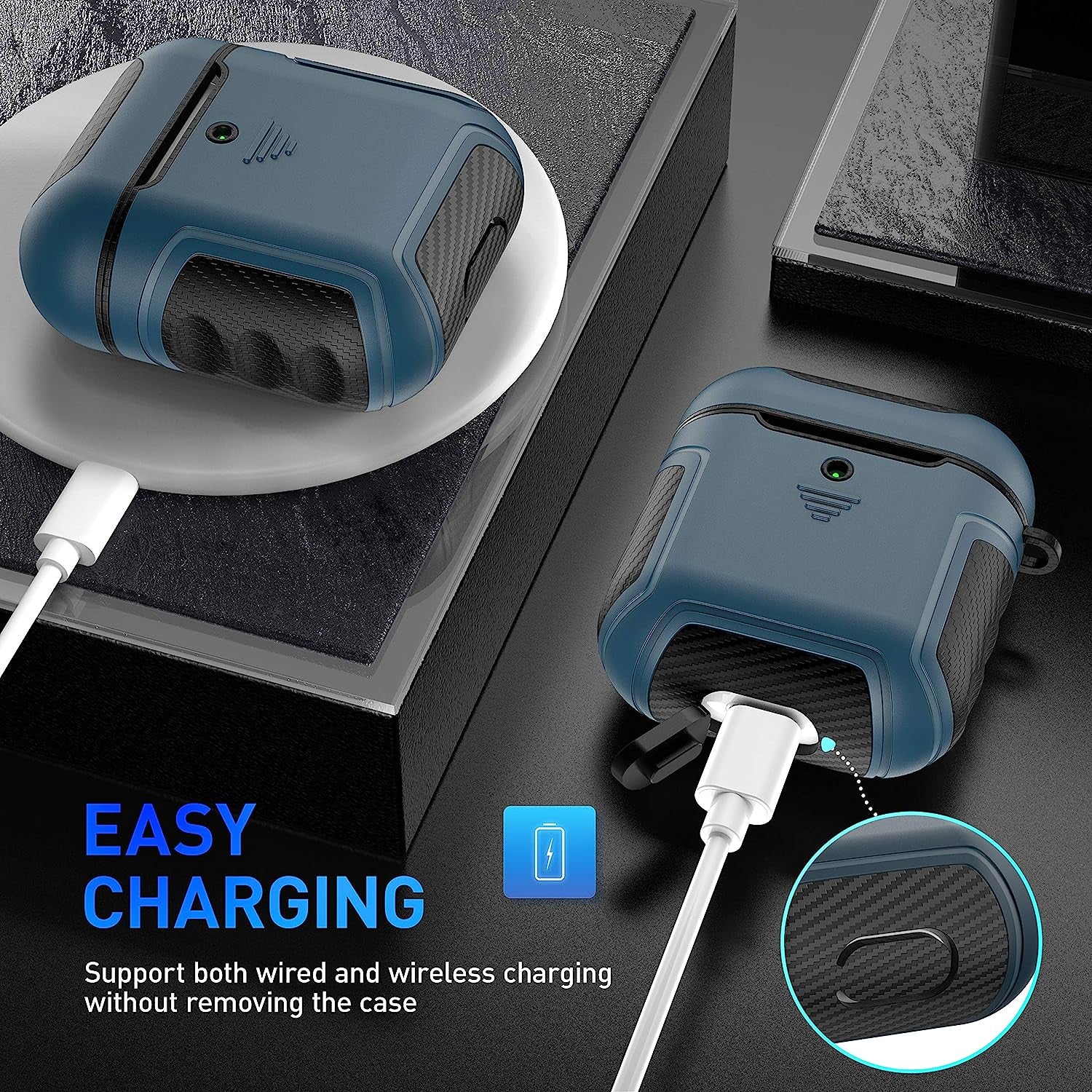 Designed for Airpods Cover Case,Oretech Designed for Airpods 1&Airpods 2 Cover Heavy Duty Hybrid 2 in 1 Protective Hard PC Soft TPU Carbon Fiber Case with Carabiner for Airpods 1&2 Cover- Aqua Blue  ORETECH   