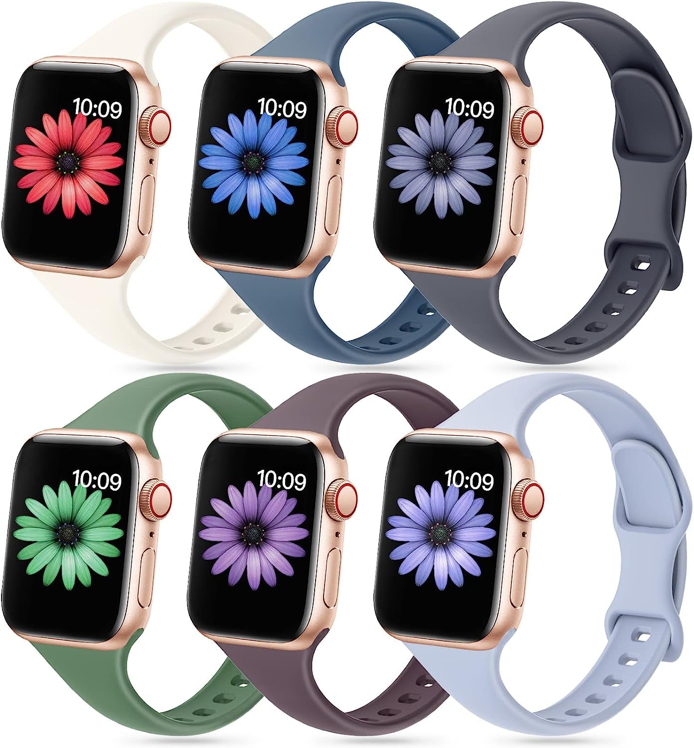 6 Pack Slim Sport Band Compatible for Apple Watch Band 38Mm 42Mm 40Mm 44Mm 41Mm 45Mm 49Mm,Women Thin Narrow Soft Silicone Replacement Strap Wristband for Iwatch Ultra Series 8 7 6 5 4 3 2 1 SE  ShunDee Starlight/Midnight/Abyss Blue/Clover/Dark Cherry/English Lavender 38MM/40MM/41MM 