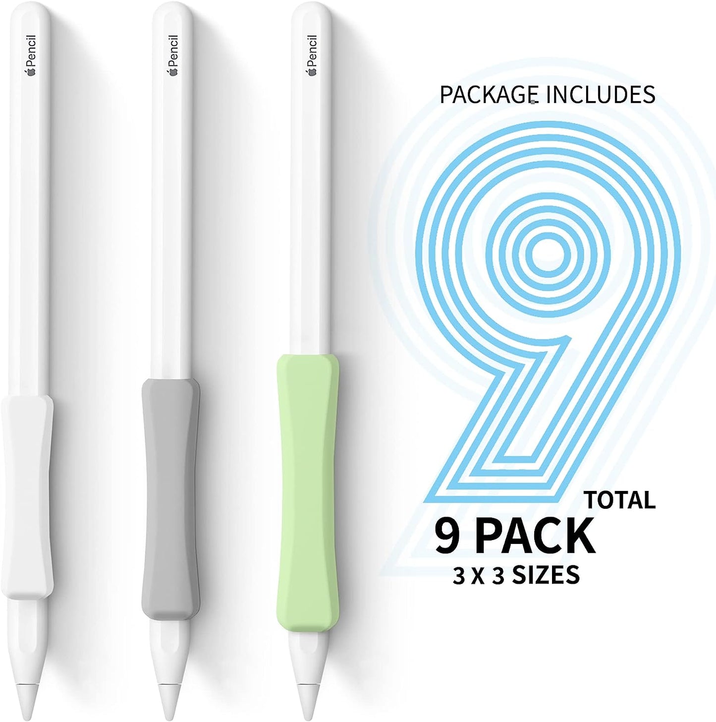 9 Pack Grip Holder for Apple Pencil 2Nd Generation,3 Sizes Protective Stylus Grip Ergonomic Silicone Sleeve Accessories,Compatible with Ipad Pro 11 12.9 Inch,White,Grey,Green  Litumfen   