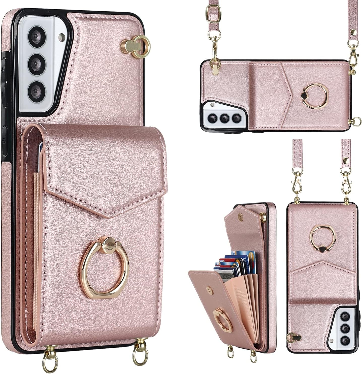 YYTVN for Samsung Galaxy S21 plus Case 5G 6.7 Inch, Minimalist Wallet Case with Ring Kickstand and Shoulder Strap, Shockproof Stylish Protective Cover for Galaxy S21 plus -Red  YYKeji Rose Gold Galaxy S21 Plus 