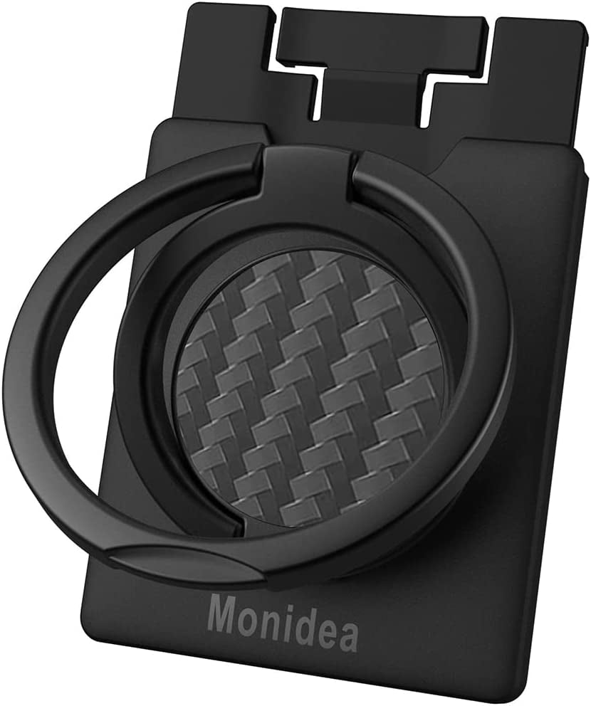 Monidea Phone Ring Holder, Phone Grip Finger Kickstand Wireless Charging Friendly, 360°Rotation Metal Phone Ring Grip Stand Work with Magnetic Car Mount for Iphone Samsung Ipad Tablets & More - Black  MonIdea Black - Carbonite Weave  