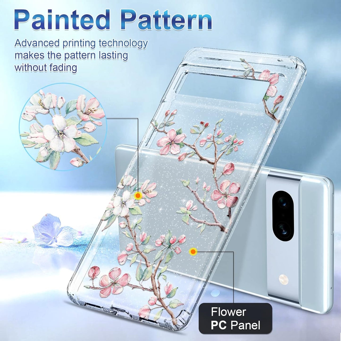 Lamcase Compatible with Google Pixel 7A Case, with 2 Screen Protector + 2 Camera Lens Protector Crystal Bling Sparkly Shiny Soft Flexible TPU Slim Drop Protection for Women Girls, Apricot Flower  Lamcase   