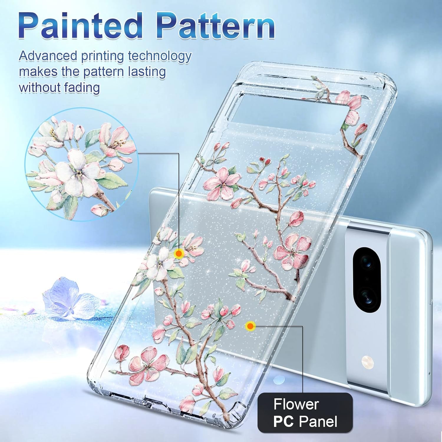 Lamcase Compatible with Google Pixel 7A Case, with 2 Screen Protector + 2 Camera Lens Protector Crystal Bling Sparkly Shiny Soft Flexible TPU Slim Drop Protection for Women Girls, Apricot Flower  Lamcase   