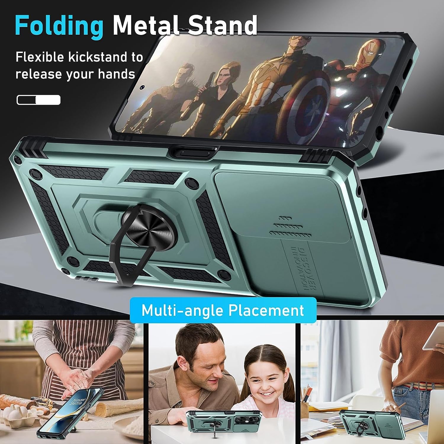 Janmitta Oneplus Nord N30 5G Case Built in Slide Camera Lens Cover+Screen Protector+Finger Ring Holder Kickstand,Heavy Duty Shockproof Full Body Protective Phone Cover,2023 Dark Green  Janmitta   