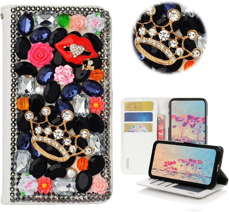 STENES LG G6 Case, LG G6 plus Case - STYLISH - 3D Handmade Bling Crystal Butterfly Rose Flowers Wallet Credit Card Slots Fold Stand Leather Cover Case for LG G6/LG G6 plus - Green  STENES Crown Sexy Lips Rose Floral / Black  