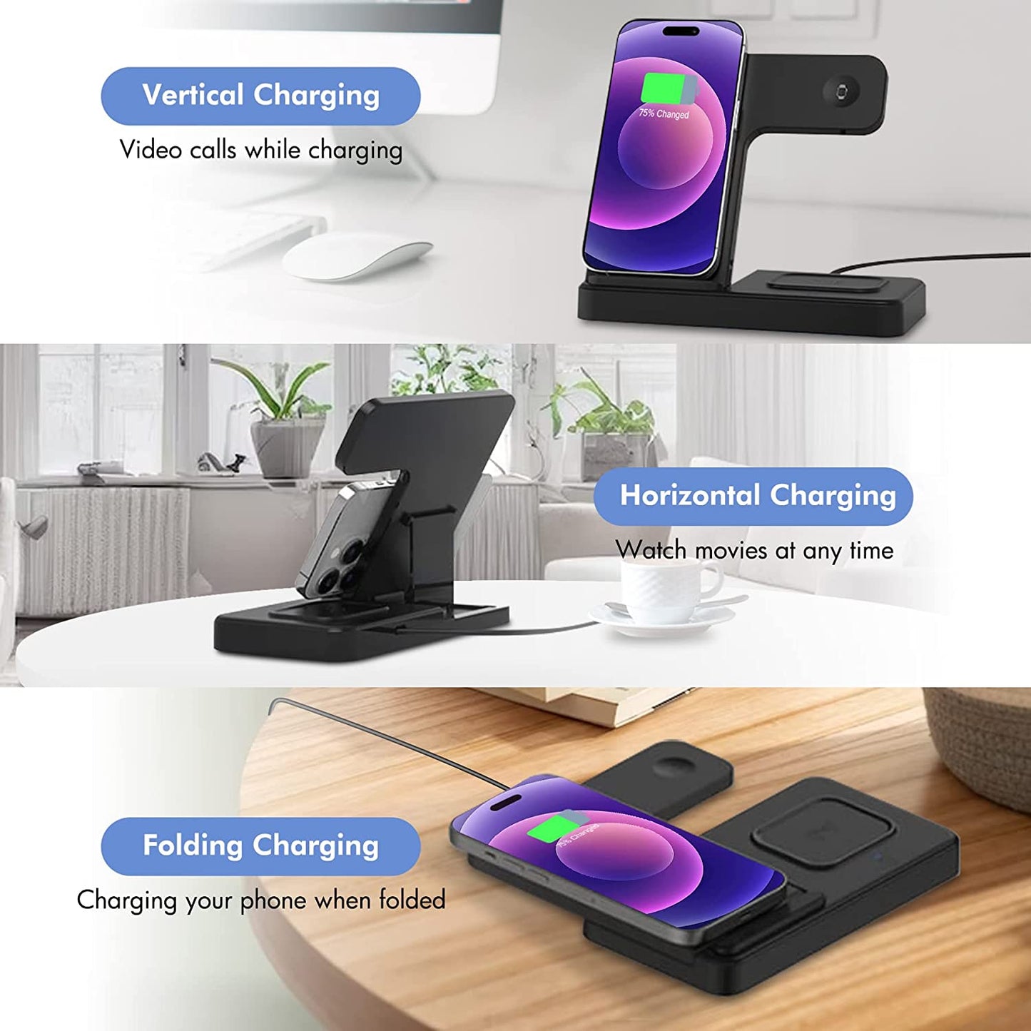 Wireless Charging Station Apple 3-In-1: Fast Wireless Charger Stand for Iphone 14 13 12 11 Pro Max XS XR X 8 plus Charging Station for Apple Watch 8 7 6 5 4 3 2 SE for Airpods 3 2 Pro 3 in 1 Black  GETPALS Wireless Charging Station for Apple   