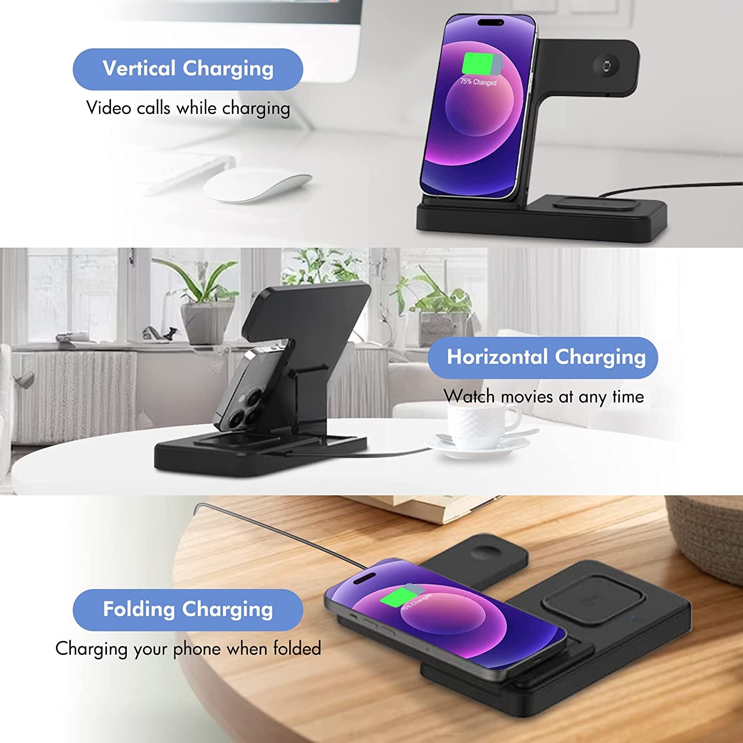 Wireless Charging Station Apple 3-In-1: Fast Wireless Charger Stand for Iphone 14 13 12 11 Pro Max XS XR X 8 plus Charging Station for Apple Watch 8 7 6 5 4 3 2 SE for Airpods 3 2 Pro 3 in 1 Black  GETPALS Wireless Charging Station for Apple   