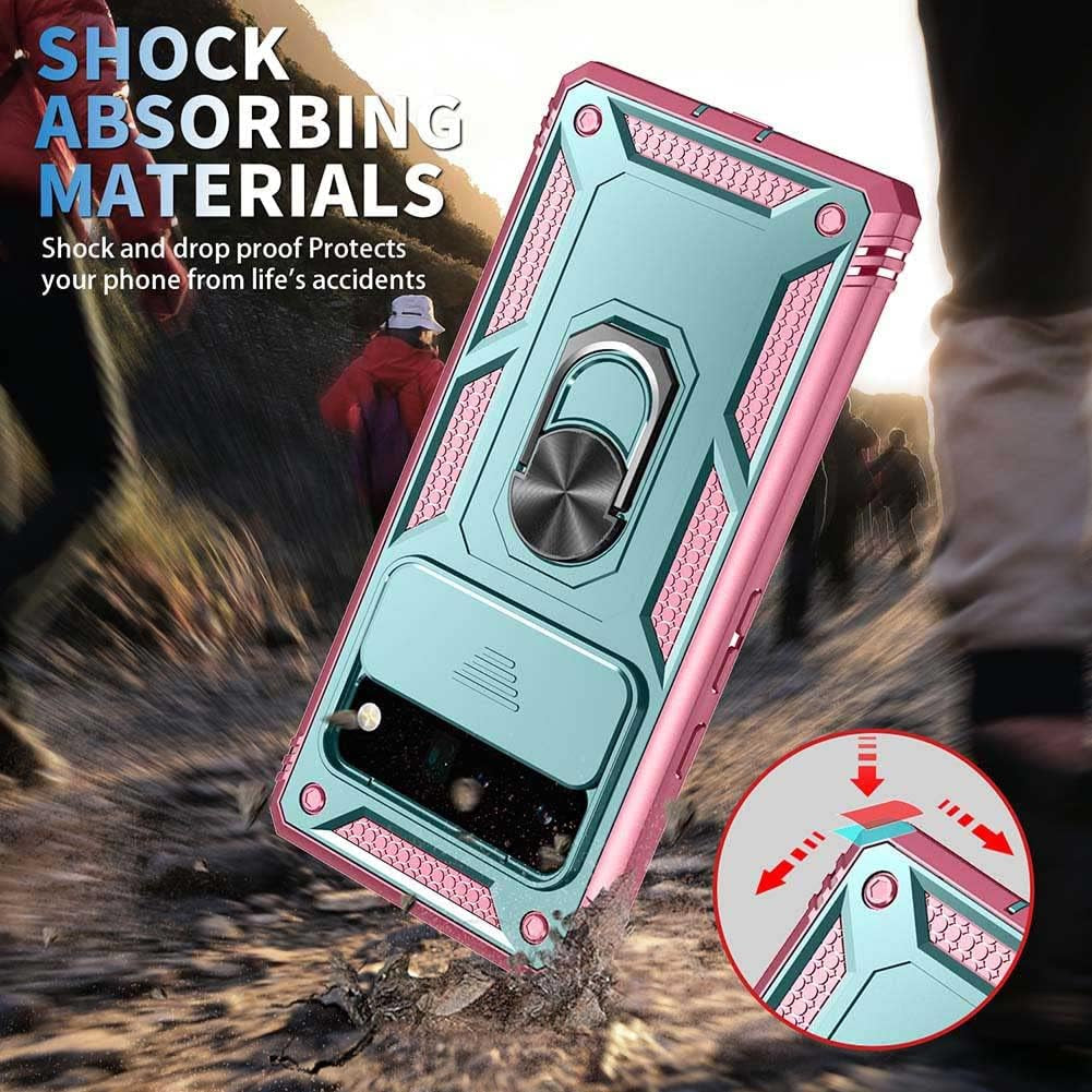 Google Pixel 6 Pro Case with Slide Camera Cover&Card Slot& Ring Kickstand Shockproof Military Grade Heavy Duty Protective Case Support Car Magnetic Holder for Google Pixel 6 Pro(2021)-Green/Pink  MOKYYDS   