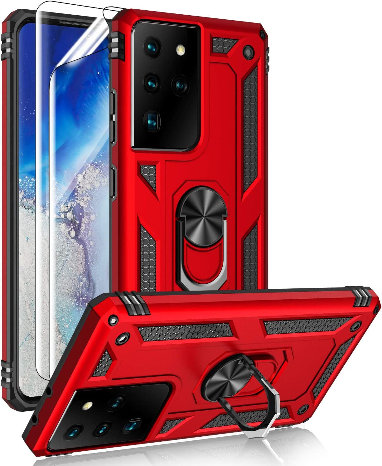 Samsung Galaxy S21 Ultra 5G Case with HD Screen Protectors, Androgate Military-Grade Metal Ring Holder Kickstand 15Ft Drop Tested Shockproof Cover Case for Samsung Galaxy S21 Ultra Black  E&M Tek Red  