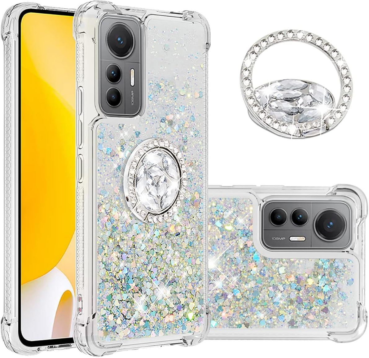 Ccsmall Glitter Clear Sparkly Bling Case for Xiaomi 12 Lite, Rugged Shockproof Flowing Liquid Floating Cover for Women with Ring Holder Phone Case for Xiaomi 12 Lite LSZ Purple  CCSmall Silver Xiaomi 12 Lite 