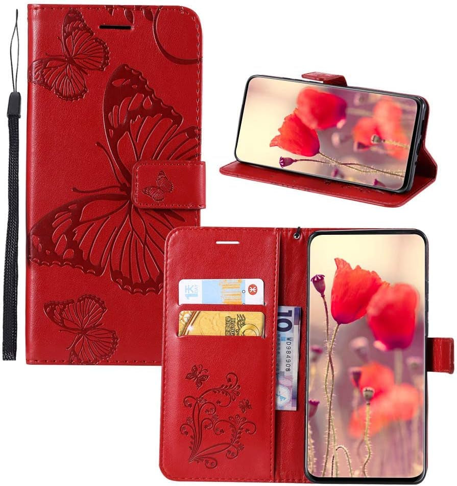 JZ Embossed 3D Butterfly Wallet Case for LG V30/V30S Thinq/V35/V35 Thinq/V30S/V30 Plus/V35 plus PU Leather Wallet Flip Phone Case Cover [Wrist Strap] - Red  JZ   