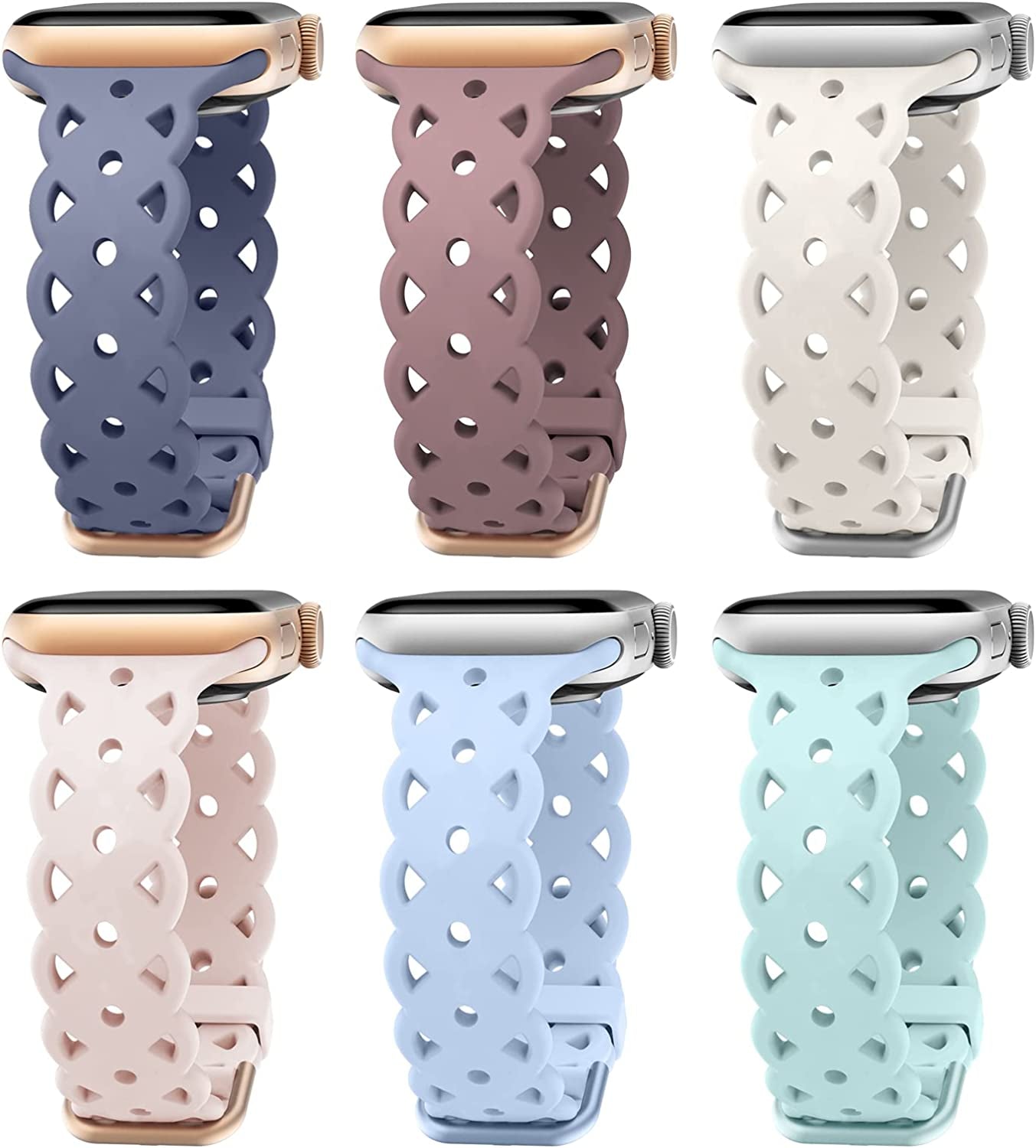 6-Pack Lace Silicone Bands Compatible for Apple Watch Bands 38Mm 40Mm 41Mm 42Mm 44Mm 45Mm 49Mm Women, Slim Breathable Sport Band Straps Wristband for Iwatch Series 8/7/6/5/4/3/2/1/Se/Ultra  Pizooprs Light Blue/Light Green/Pink Sand/Starlight/Blue Grey/Smoke Violet 38/40/41mm 