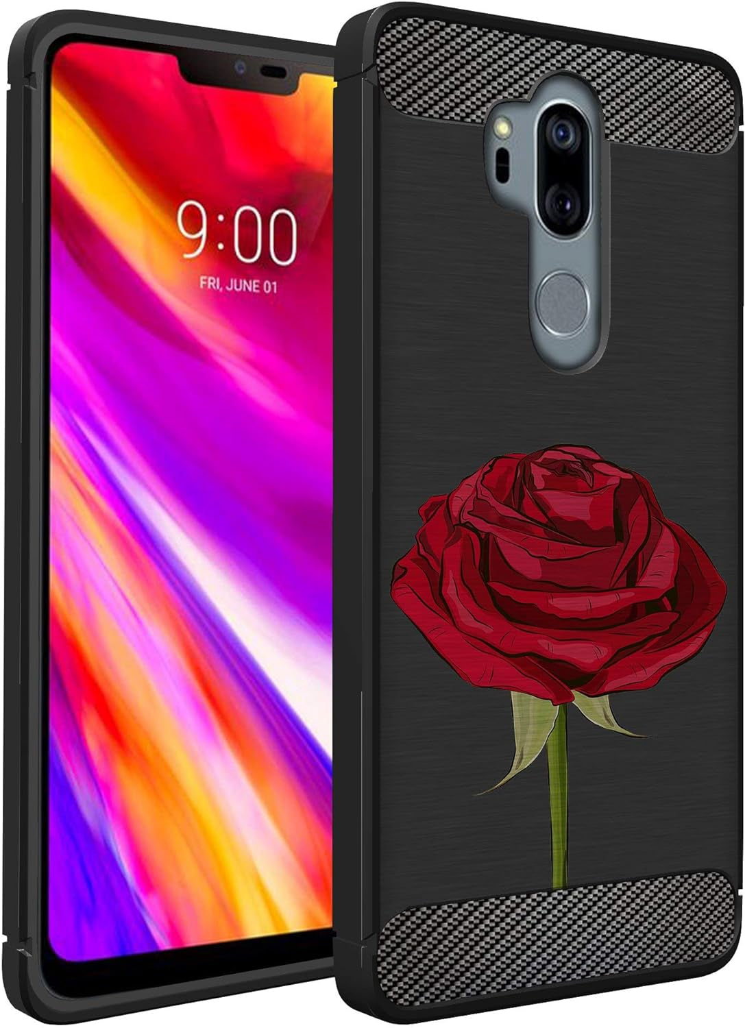 Casesondeck Case Compatible with [LG G7 / LG G7 Thinq] Tribal Floral Matte TPU Flexible Carbon Fiber Textured (Horse Tribal)  CasesonDeck Red Rose  