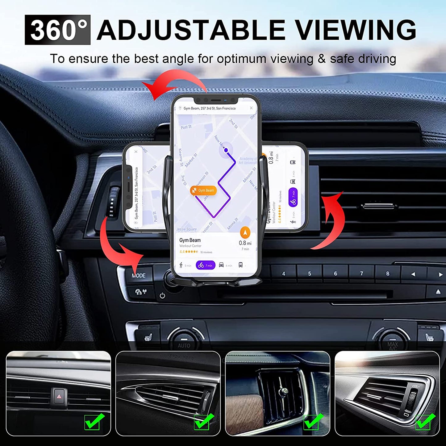 Wireless Car Charger Mount, 15W Qi Fast Charging Auto-Clamping Cell Phone Car Holder Air Vent Windshield Dashboard Long Arm Suction Cup Car Phone Mount for Iphone13 /12/11 Samsung S20/S10/S9/S8 LG  HonShoop   
