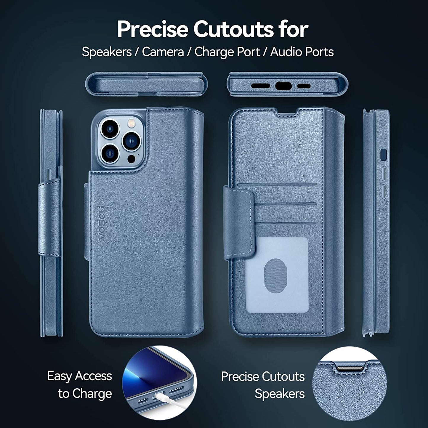 Voscu Detachable Wallet Case for Iphone 13 Pro Max 6.7'' Compatible with Magsafe, Support Wireless Charger, Vegan Leather Flip Folio Magnetic Phone Case with Card Holders [RFID Blocking]-Sierra Blue  voscu   