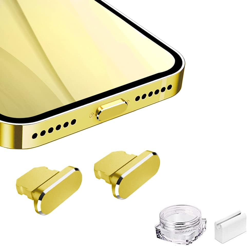 VIWIEU Metal anti Dust Plug Compatible with Iphone 14 13 12 11 X XS XR 8 7 SE Mini plus Pro Max Ipad Airpods, 2 Pack Lightning Charging Port Cover Protectors with Plug Holder and Storage Box (Black)  VIWIEU 13 Yellow 2 PCS 