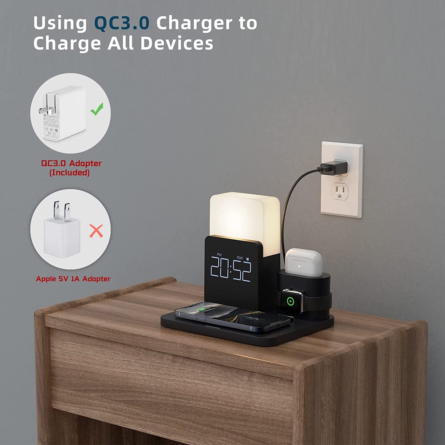 Wireless Charger,3 in 1 Fast Charging Station with Digital Alarm Clock and Night Light,Compatible for Iphone 14/14 Pro/13/13 Pro/12/12Pro Max/11 Series/Xs Mas/Xr/Xs/8/8 Plus/Iwatch/Airpods/Samsung  LAVONE   