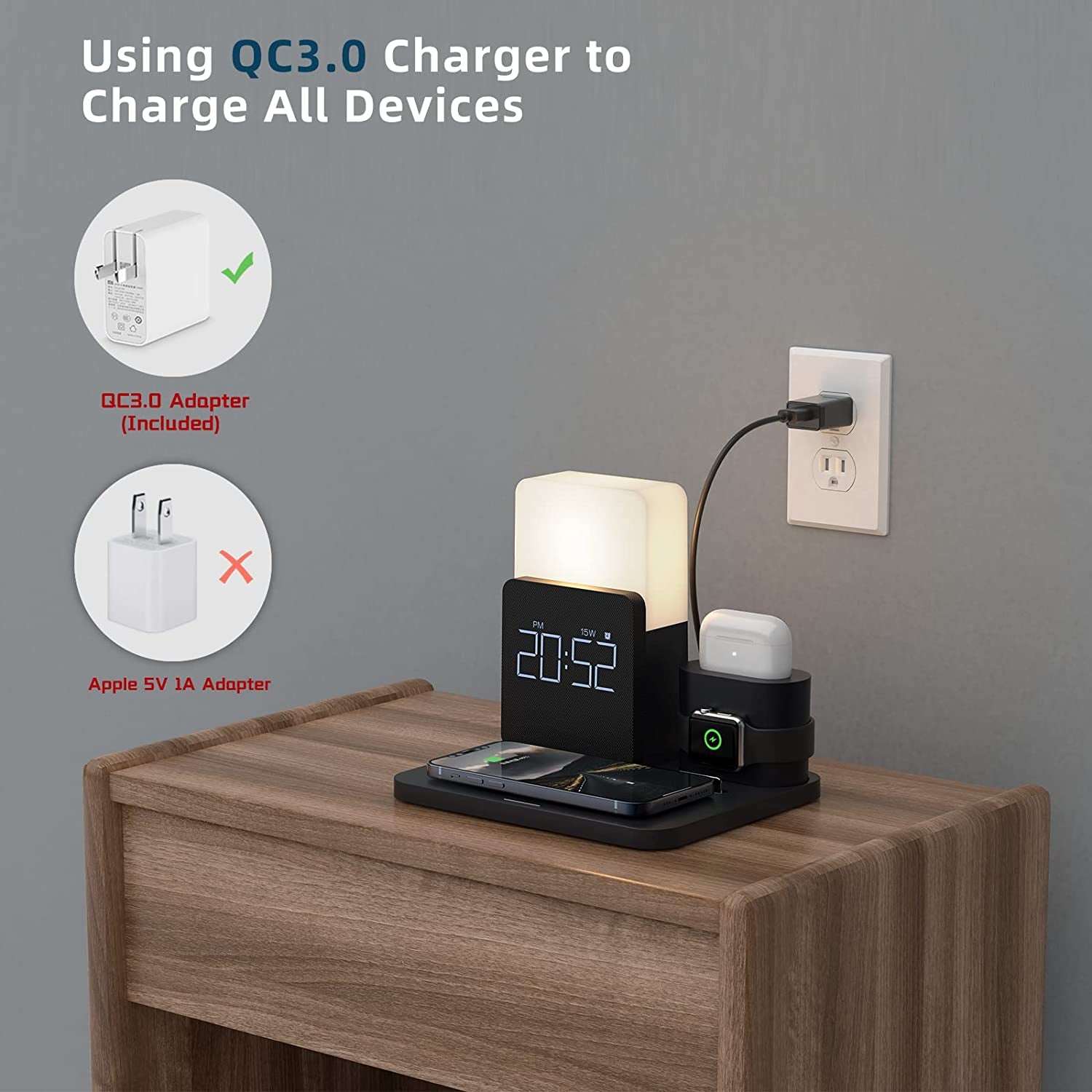 Wireless Charger,3 in 1 Fast Charging Station with Digital Alarm Clock and Night Light,Compatible for Iphone 14/14 Pro/13/13 Pro/12/12Pro Max/11 Series/Xs Mas/Xr/Xs/8/8 Plus/Iwatch/Airpods/Samsung  LAVONE   