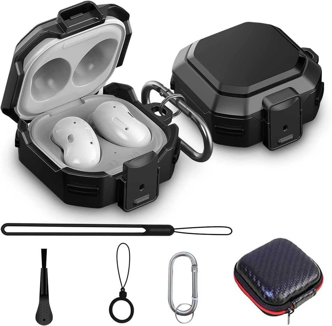 Armor Cover Case for Samsung Galaxy Buds Pro Case / Galaxy Buds Live Case / Galaxy Buds 2 Case [With Security Lock], Silicone+Hard PC Shockproof Case with Keychain/Straps/Ring/Cleaning Brush(Red)  AIBEAMER Black  