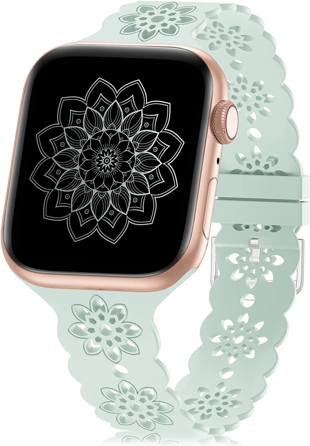 Floral Silicone Band Compatible with Apple Watch Bands 38Mm 40Mm 42Mm 44Mm 41Mm 45Mm 49Mm Women Men, Slim Hollow-Out Design Wristbands Soft Sport Breathable Watch Bands for Iwatch Ultra SE Series 8/7/6/5/4/3/2/1  Wewatri Light Green 38mm/40mm/41mm 