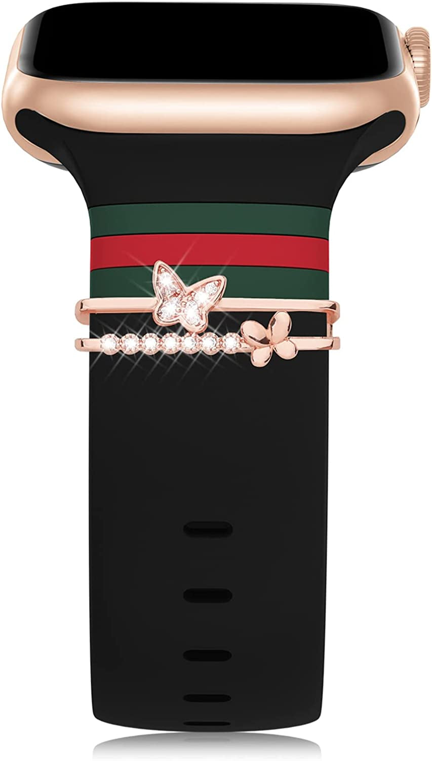 Designer Bands with Charms Decor Compatible with Apple Watch Band 38Mm 40Mm 41Mm 42Mm 44Mm 45Mm 49Mm for Women, Stylish Soft Silicone Sport Strap for Apple Watch Ultra Iwatch Series 8 SE 7 6 5 4 3 2 1  Seizehe Black/Army Green/Red & Double Butterfly 38mm/40mm/41mm 