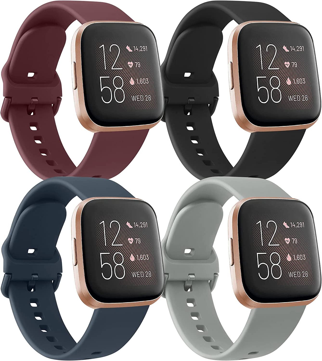 4 Pack Bands for Fitbit Versa 2 / Fitbit Versa/Versa Lite/Versa SE for Women Men, Soft Silicone Replacement Wristband for Fitbit Versa 2 Bands  Amzpas Black/Wine Red/Navy Blue/Grey  