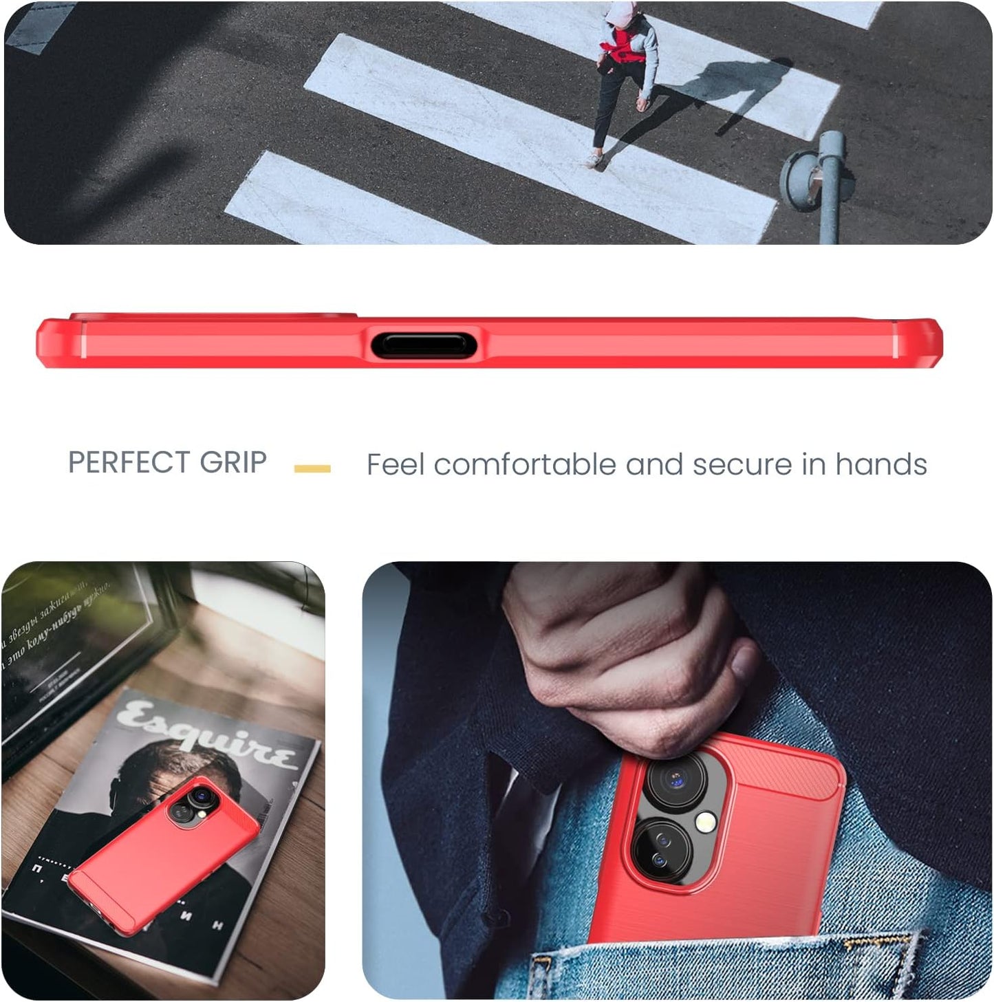 Dretal for Oneplus Nord N30 5G Case with Tempered Glass Screen Protector, Shock-Absorption Brushed Flexible Soft TPU Carbon Fiber Protective Cover for Oneplus Nord N30 5G (Ls-Red)  Dretal   