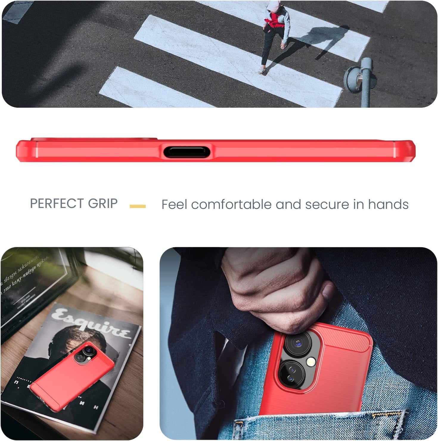 Dretal for Oneplus Nord N30 5G Case with Tempered Glass Screen Protector, Shock-Absorption Brushed Flexible Soft TPU Carbon Fiber Protective Cover for Oneplus Nord N30 5G (Ls-Red)  Dretal   