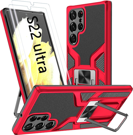 AKINIK for Samsung Galaxy S22 Ultra Case, S22 Ultra Case with Self Healing Flexible TPU Screen Protector [2 Pack], Military Grade with Kickstand Case for Galaxy S22 Ultra 5G-Red  AKINIK   