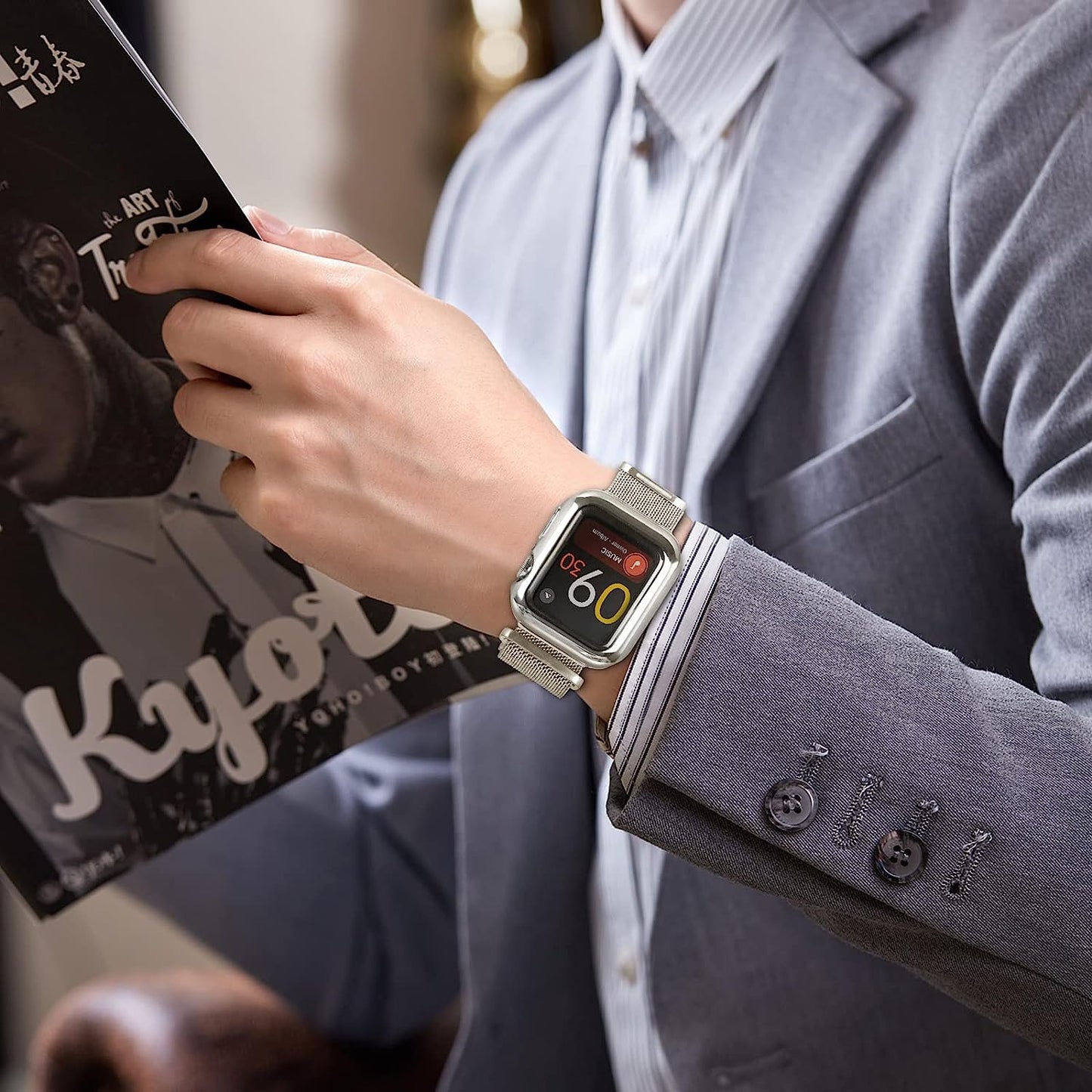 Geoumy Metal Magnetic Bands Compatible for Apple Watch Band 45Mm with Case, Stainless Steel Milanese Mesh Loop Replacement Strap Compatible with Iwatch Series 8/7/6/5/4/3/2/1 SE Women Men,Starlight  Geoumy   