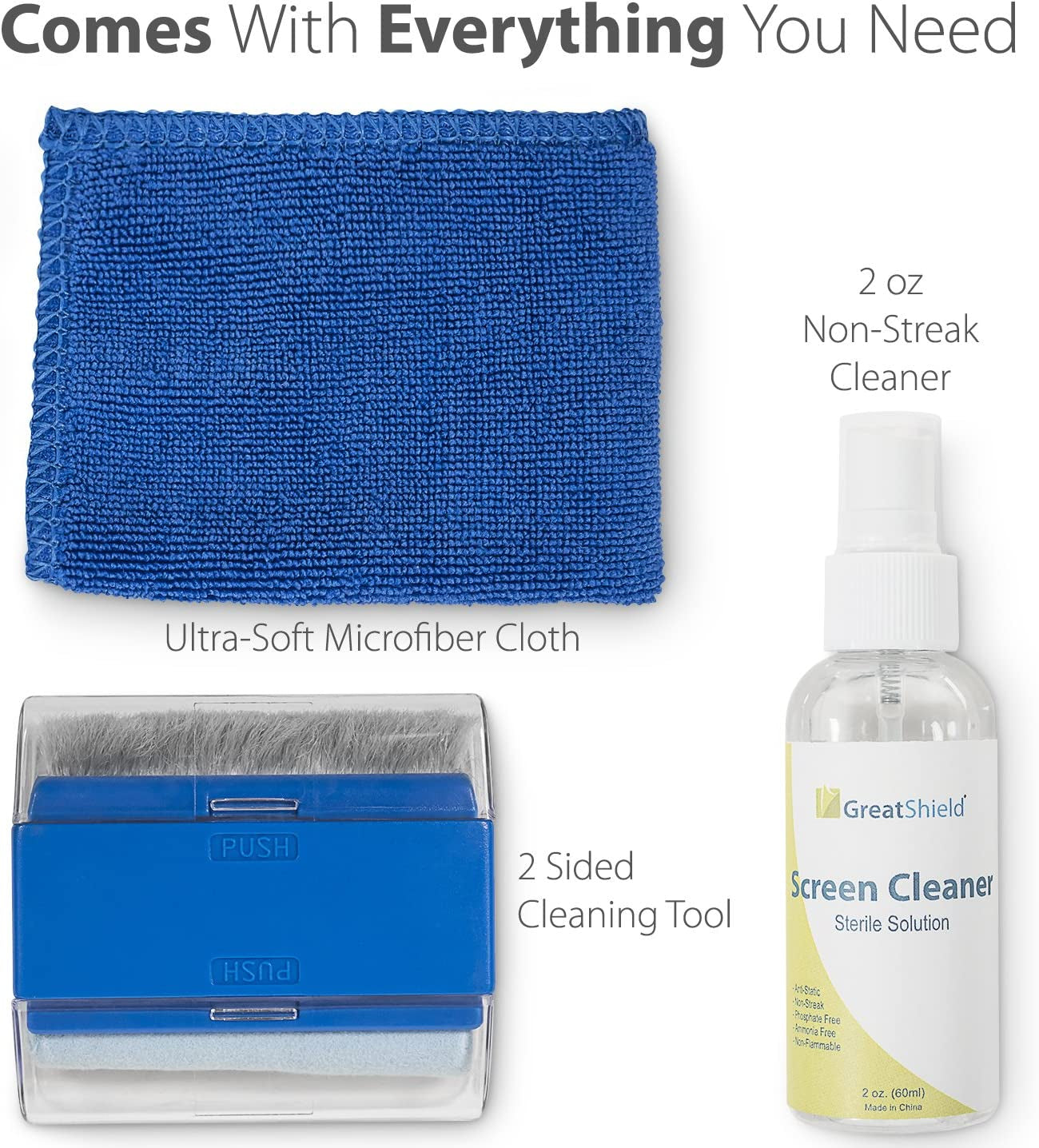 Greatshield Universal Screen Cleaning Kit, Microfiber Cloth + 2 Sided Brush + Non-Streak Solution Spray [For TV, Laptops, PC Monitors, Smartphones, Tablets, Camera, Keyboard and Other Electronics]  GreatShield   