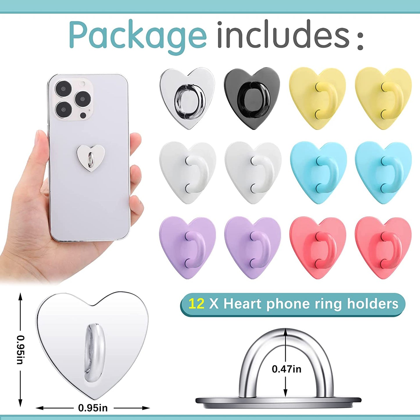 Lauwell 12 Pcs Cell Phone Finger Ring Adhesive Metal Phone Finger Grip Heart Shaped Cell Phone Ring Holder Phone Accessories Charm Loop Stand Phone Charm Hook for DIY Phone Case Pad Tablet Supplies  Lauwell   